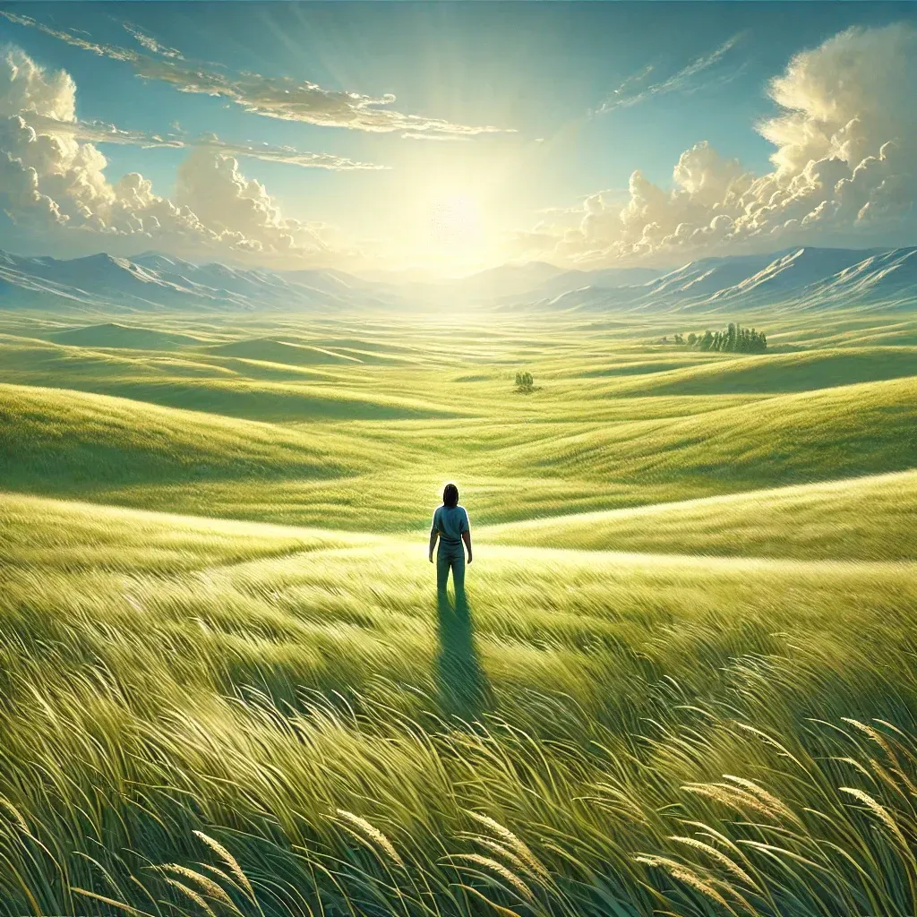 Persona de pie en un vasto campo dorado, frente al sol brillante. Colinas ondulantes, montañas y nubes.