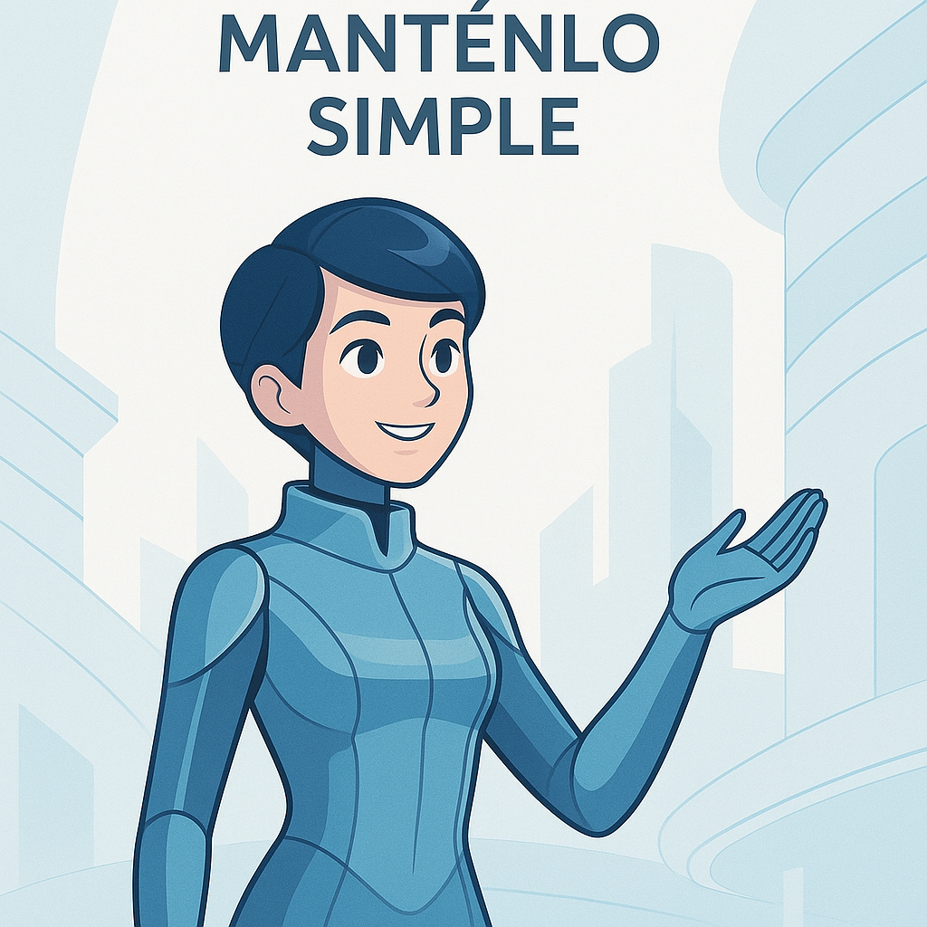 Mujer con traje azul hace un gesto hacia el texto