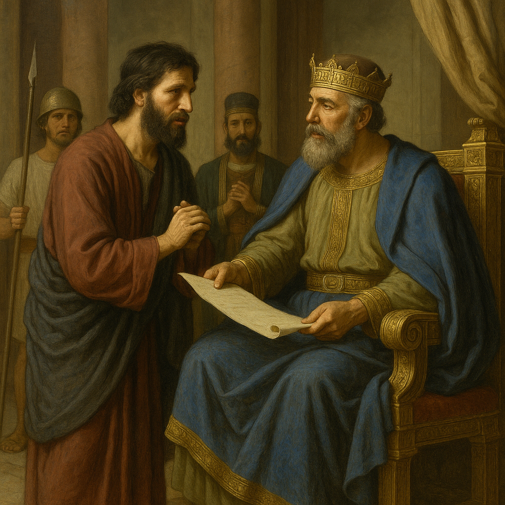 Un hombre con túnica presenta un documento al rey en el trono.