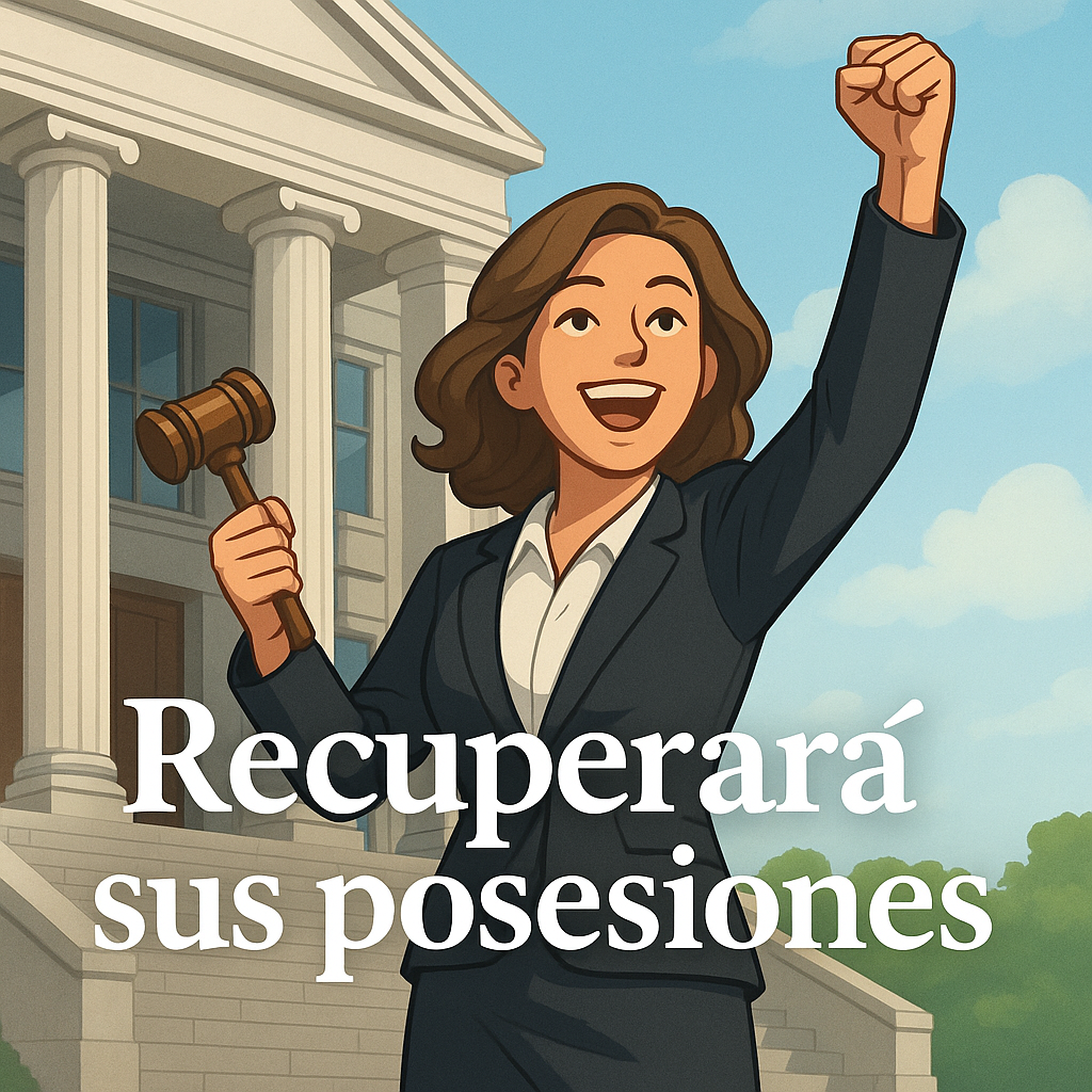 Una mujer de traje sostiene un mazo, levanta el puño y sonríe frente a un juzgado. Texto: