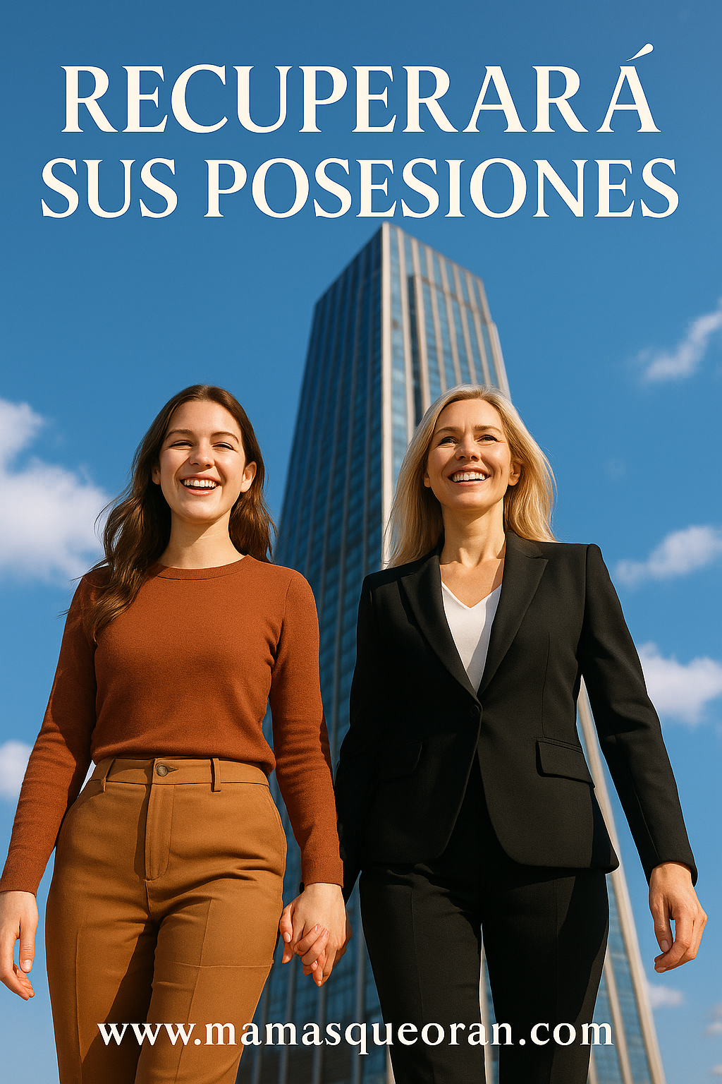 Dos mujeres, tomadas de la mano, sonriendo frente a un rascacielos. Texto: