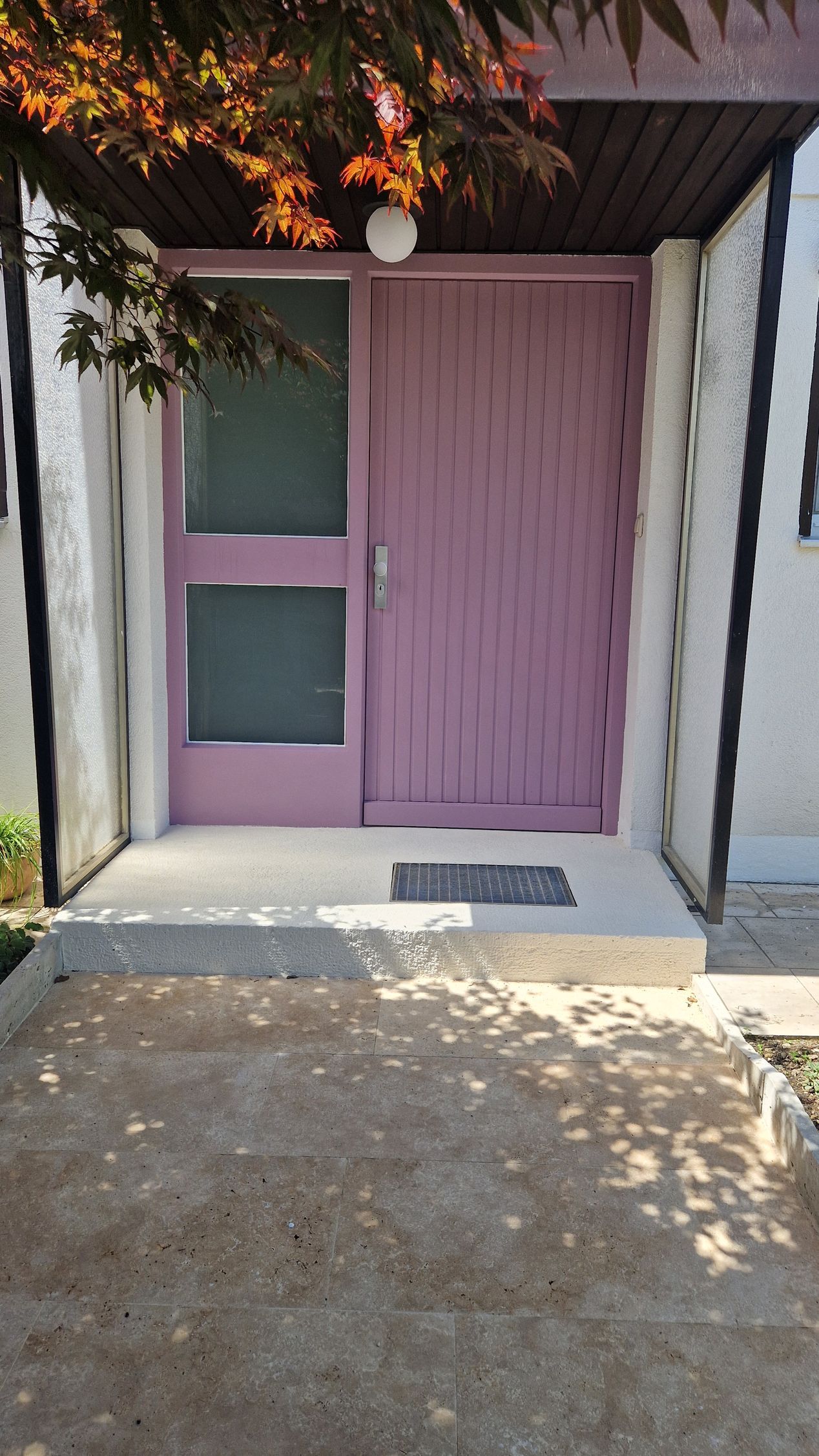 Eingangstüre aus Holz und farbig lackiert.