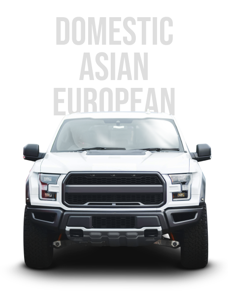 White pickup truck front view with the words “Domestic Asian European” above it | A-Tech Auto Repair
