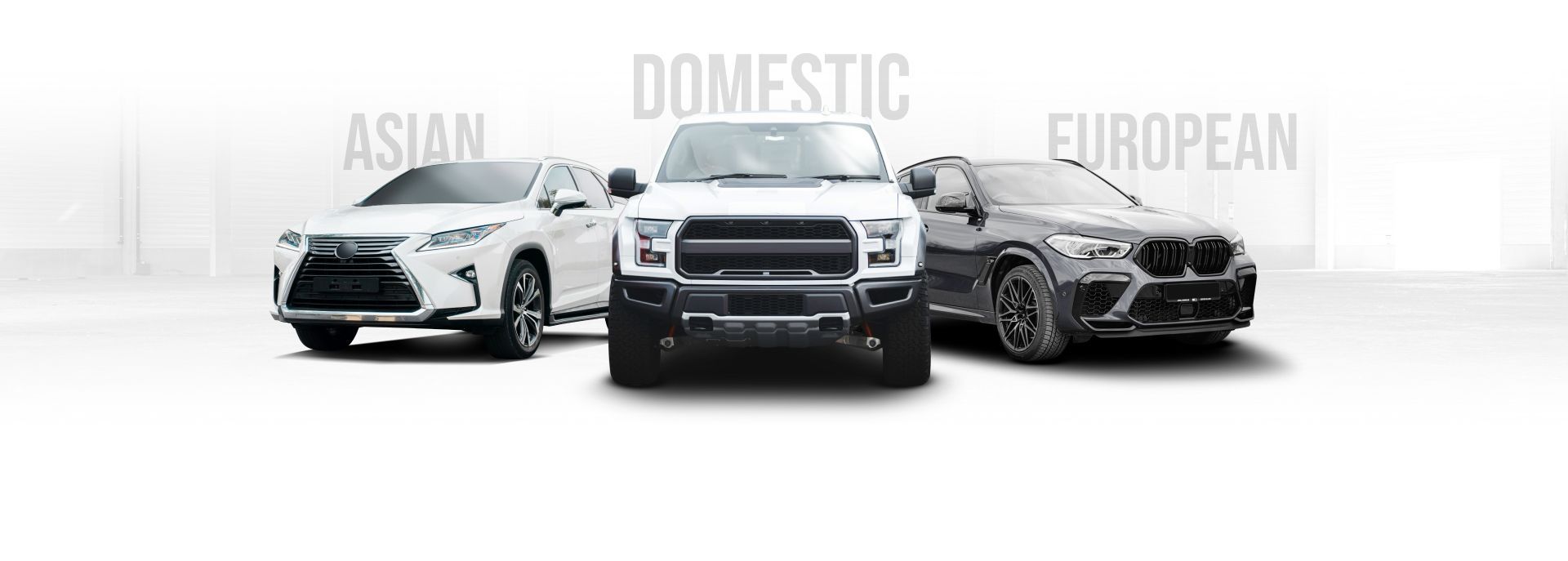 Three cars labeled Asian, Domestic, and European on a white background | A-Tech Auto Repair