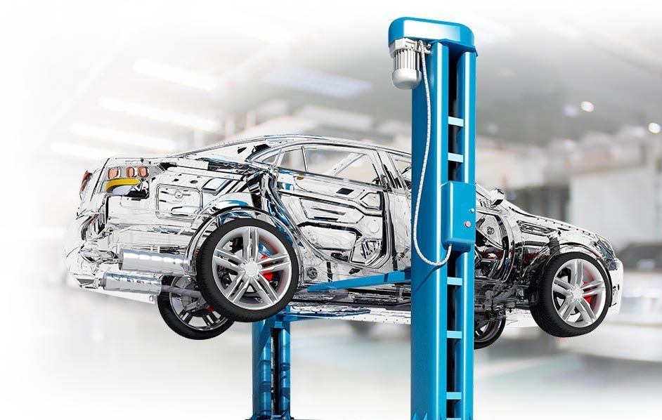 Car suspended on a blue hydraulic lift in a bright auto repair shop, shown in cutaway view | A-Tech Auto Repair