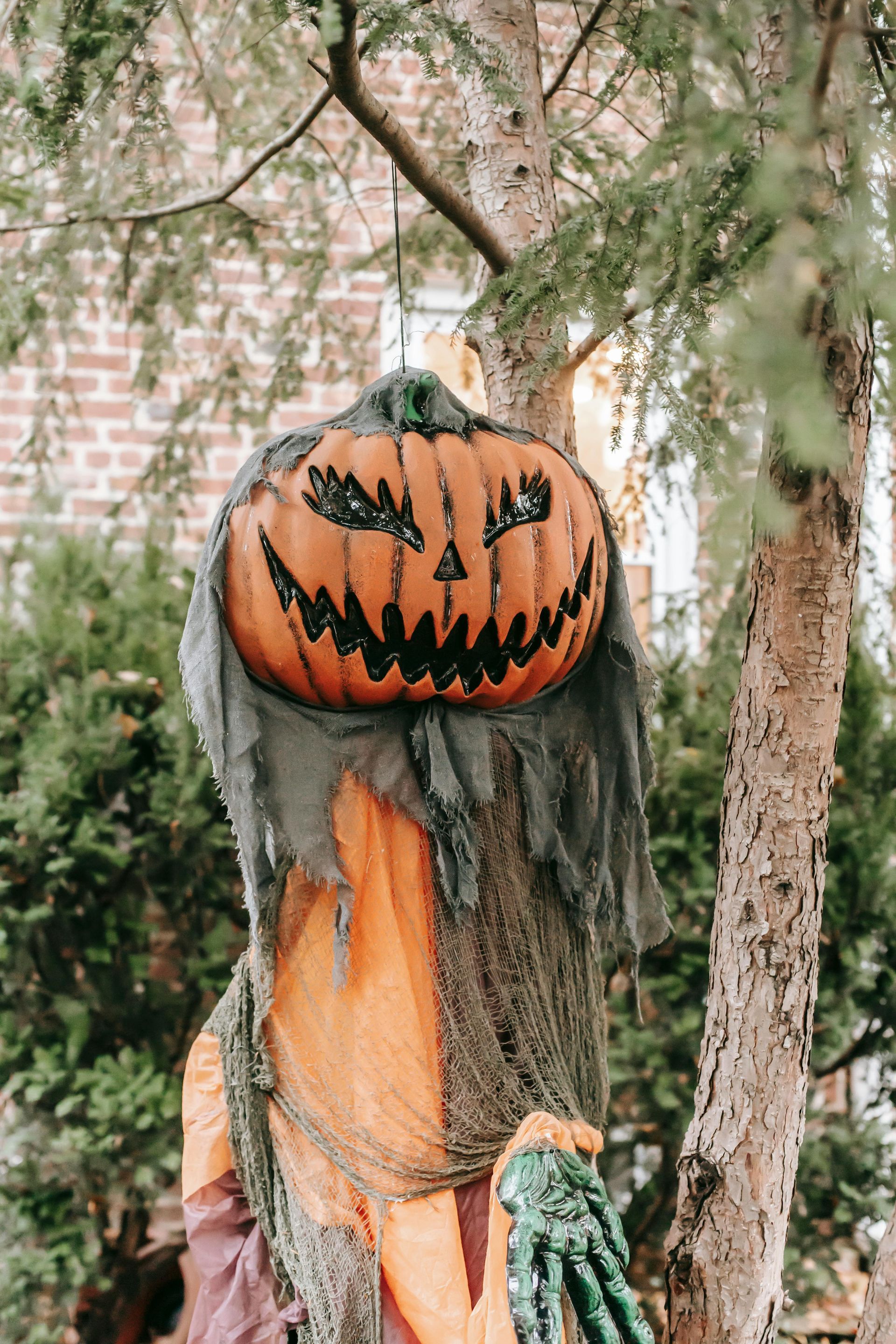 A scarecrow with a pumpkin head is hanging from a tree.