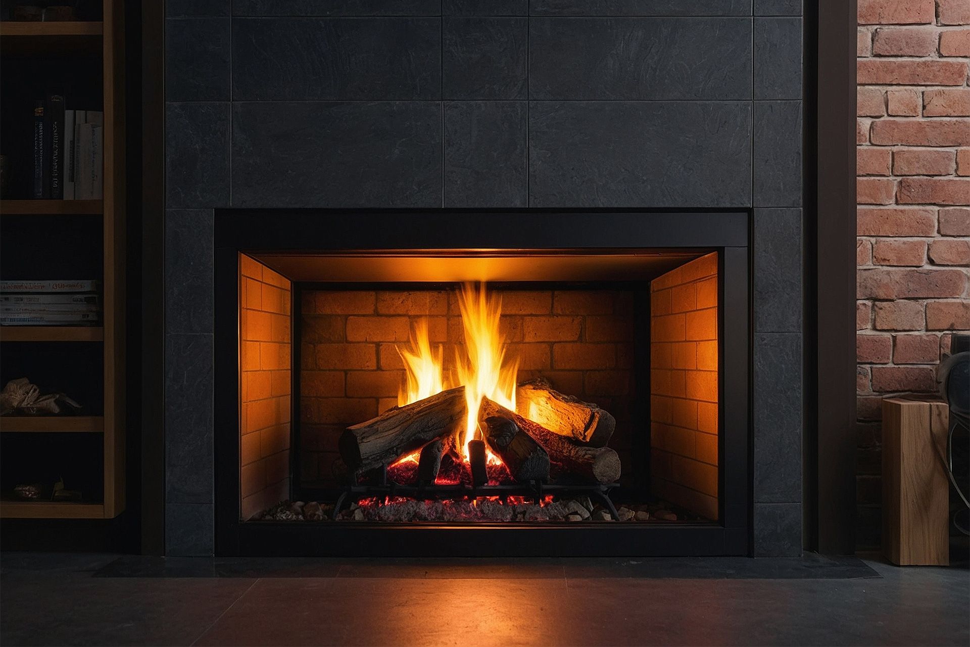 Fireplace with burning logs, framed in black against a dark stone backdrop, next to a brick wall and wooden shelf.