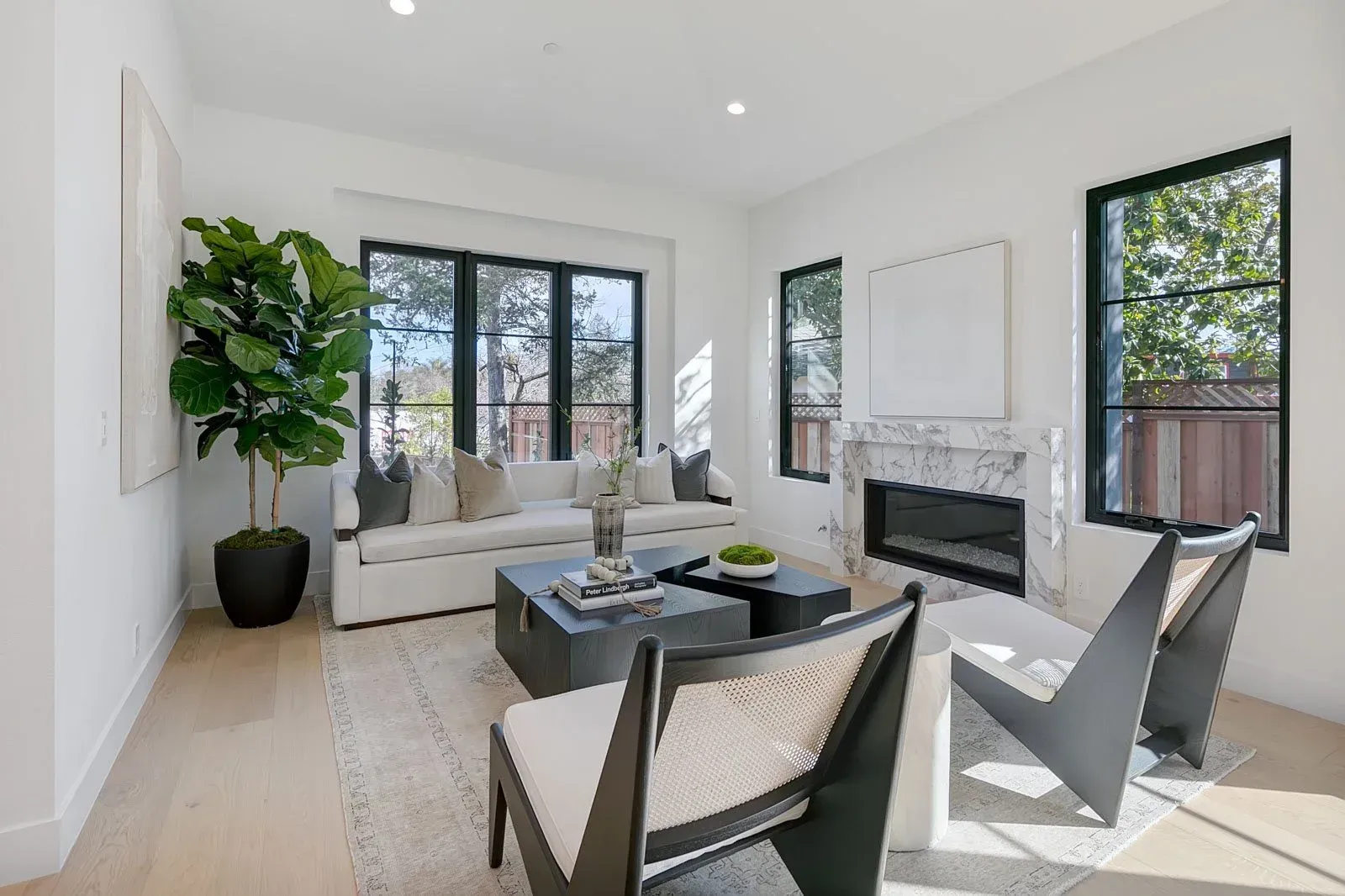 Bright living room with black-framed windows, white sofa, fireplace, and modern chairs, filled with natural light.