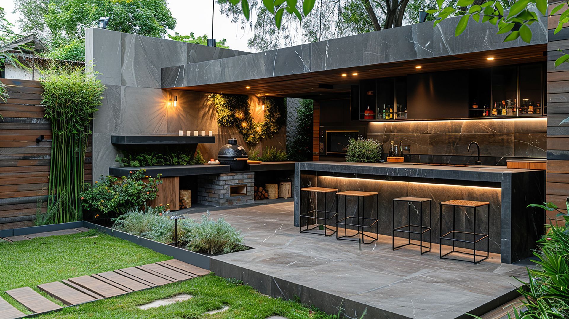 Outdoor kitchen with a stone bar and grill, featuring seating, greenery, and warm lighting.
