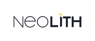 Neolith logo with text in a modern font, black letters with a small yellow triangle.
