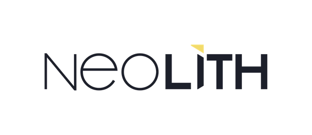 Neolith logo with text in a modern font, black letters with a small yellow triangle.