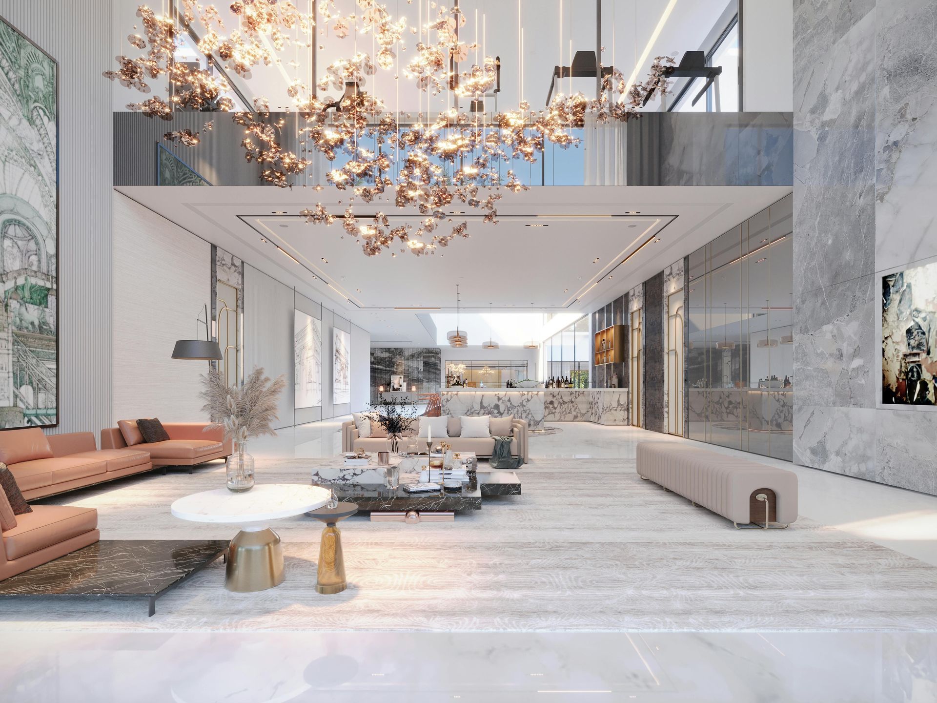Spacious luxury living room with modern furniture, gold accents, and a large chandelier.