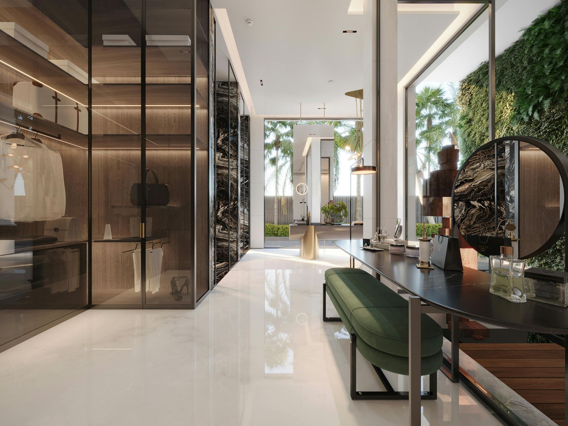 Luxury walk-in closet with glass doors and white floors, and a view to an outdoor area with greenery.