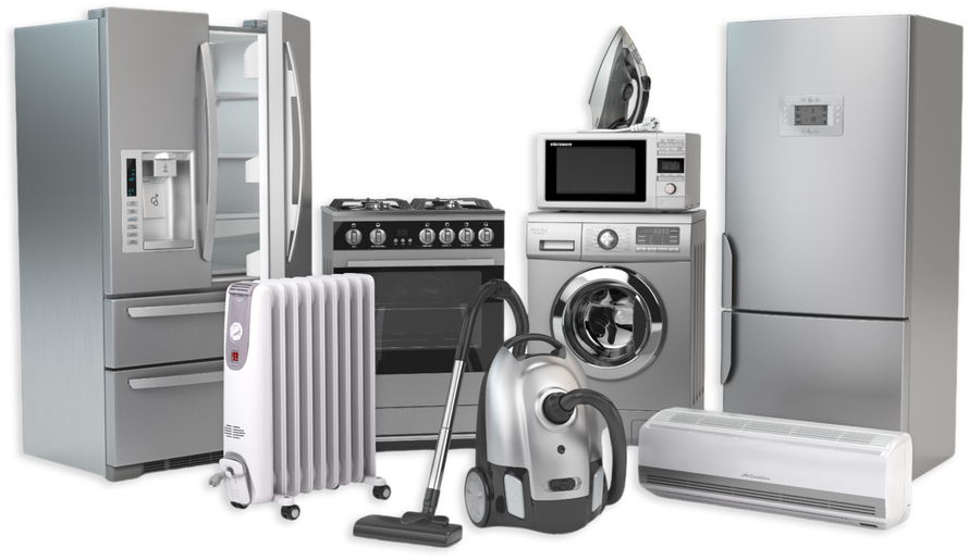 A group of appliances including a refrigerator , stove , washing machine , vacuum cleaner and air conditioner.