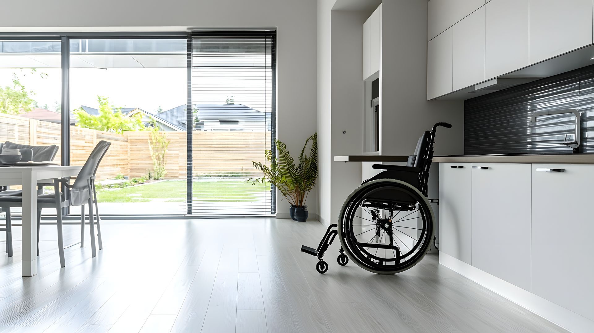 Un fauteuil roulant est assis dans un salon à côté d'une porte coulissante en verre.