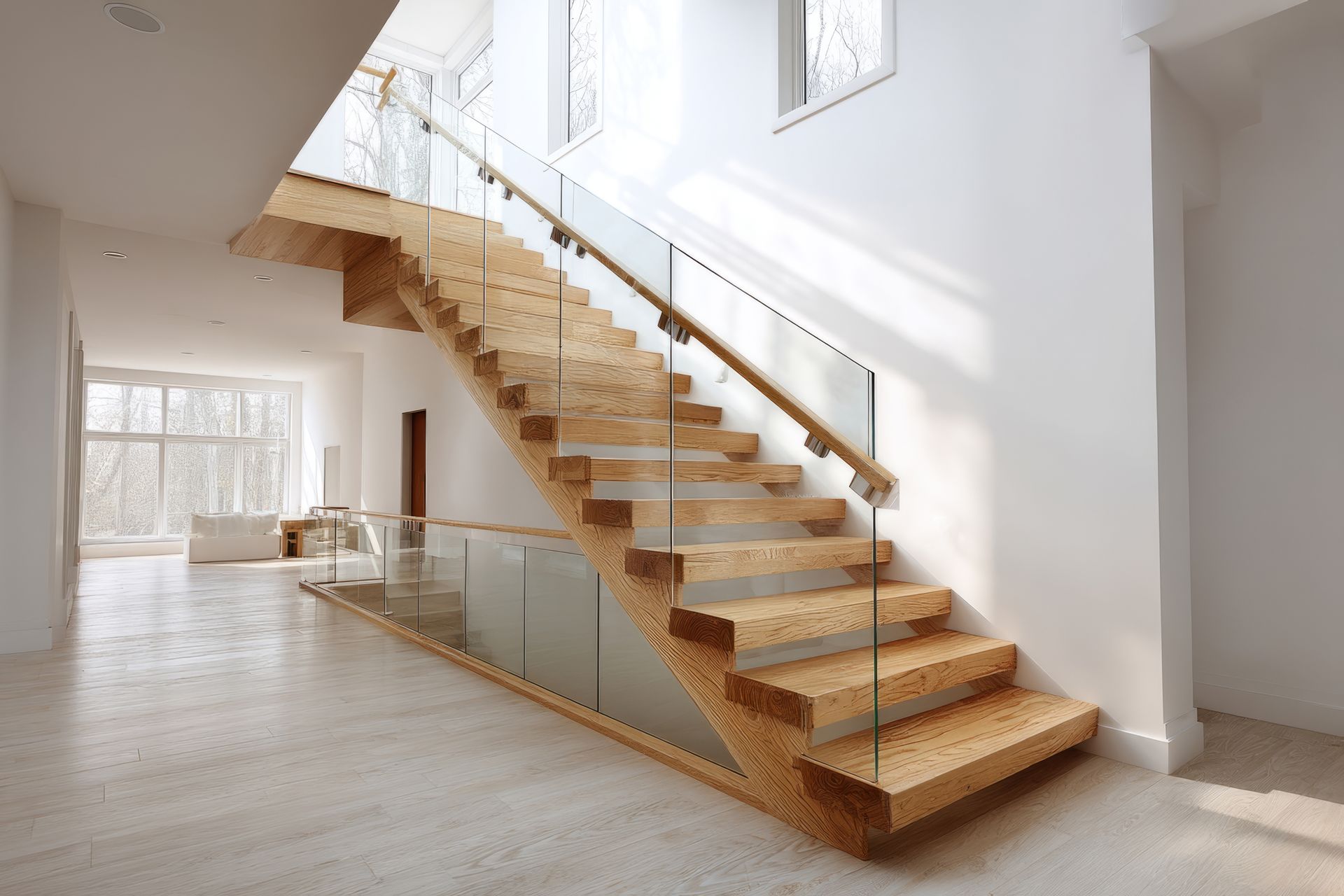 Un escalier en bois avec une rampe en verre dans un couloir.