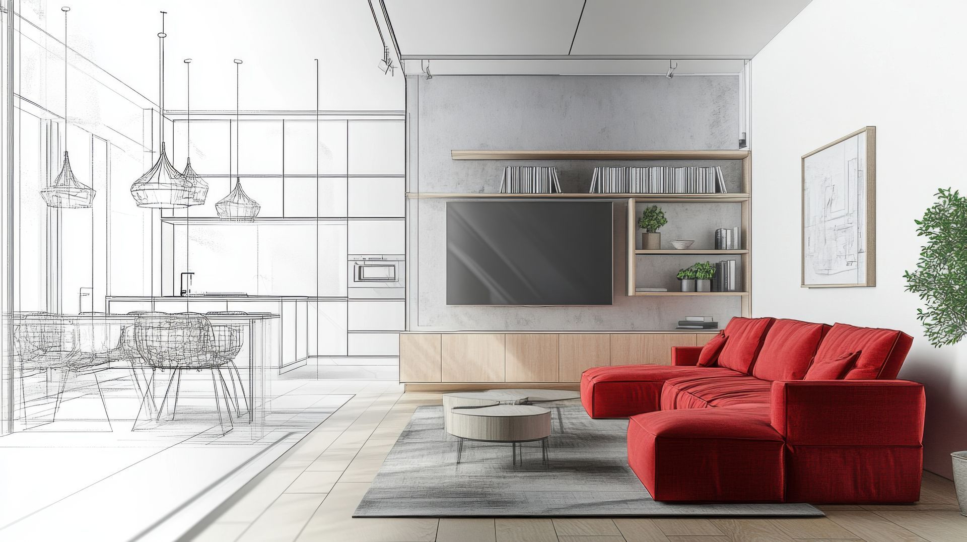 Un salon avec un canapé rouge et une télévision à écran plat.