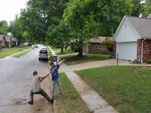 Two people stand in a suburban yard, one pulling a rope extended toward a tree branch, while the other holds it steady.