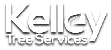 The white logo for Kelley Tree Services, featuring a leaf design inside the letter 'e'.