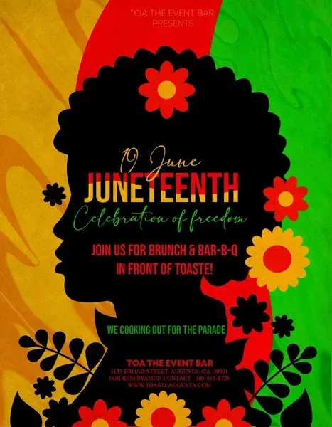Juneteenth celebration flyer with silhouette of a Black woman, red, yellow, and green color scheme. Text includes date, 