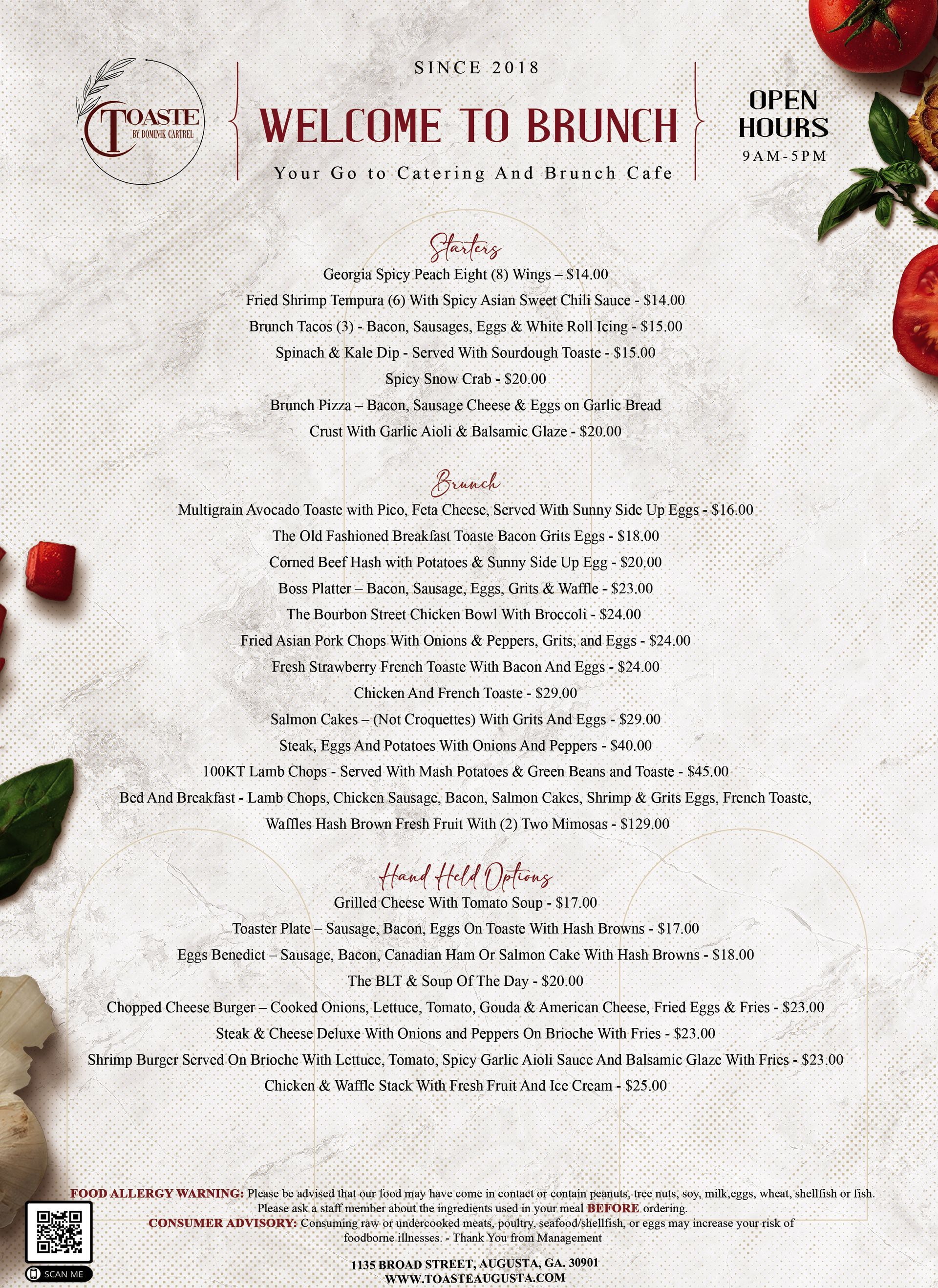 Brunch menu with dishes and prices. Red accents. Open hours and restaurant logo top right.