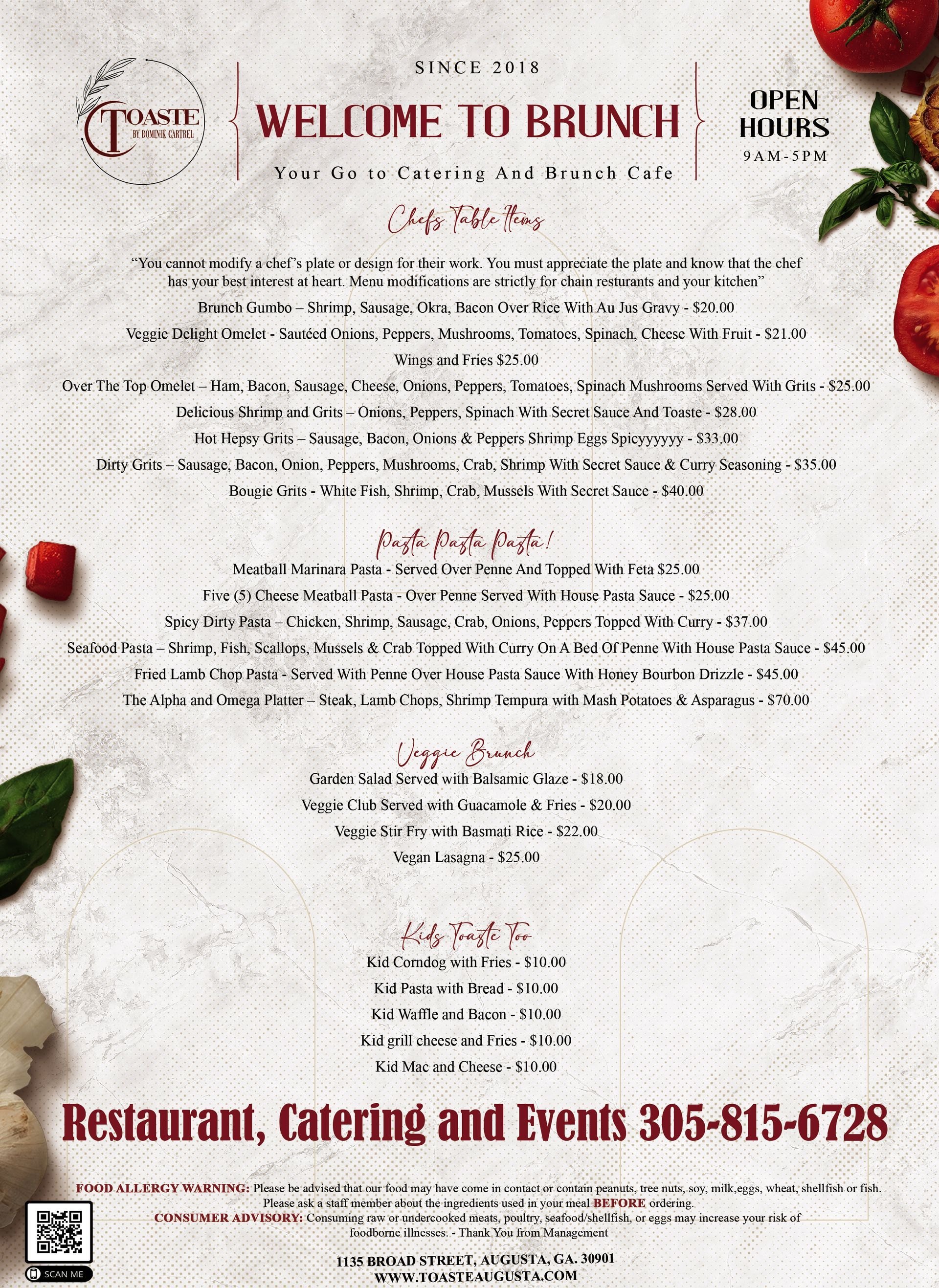 Menu for brunch at Classico Restaurant with a phone number for reservations.