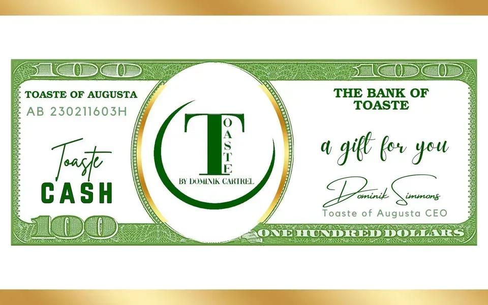 Toaste gift certificate resembling a $100 bill. Green and gold design, with Toaste logo and CEO signature.