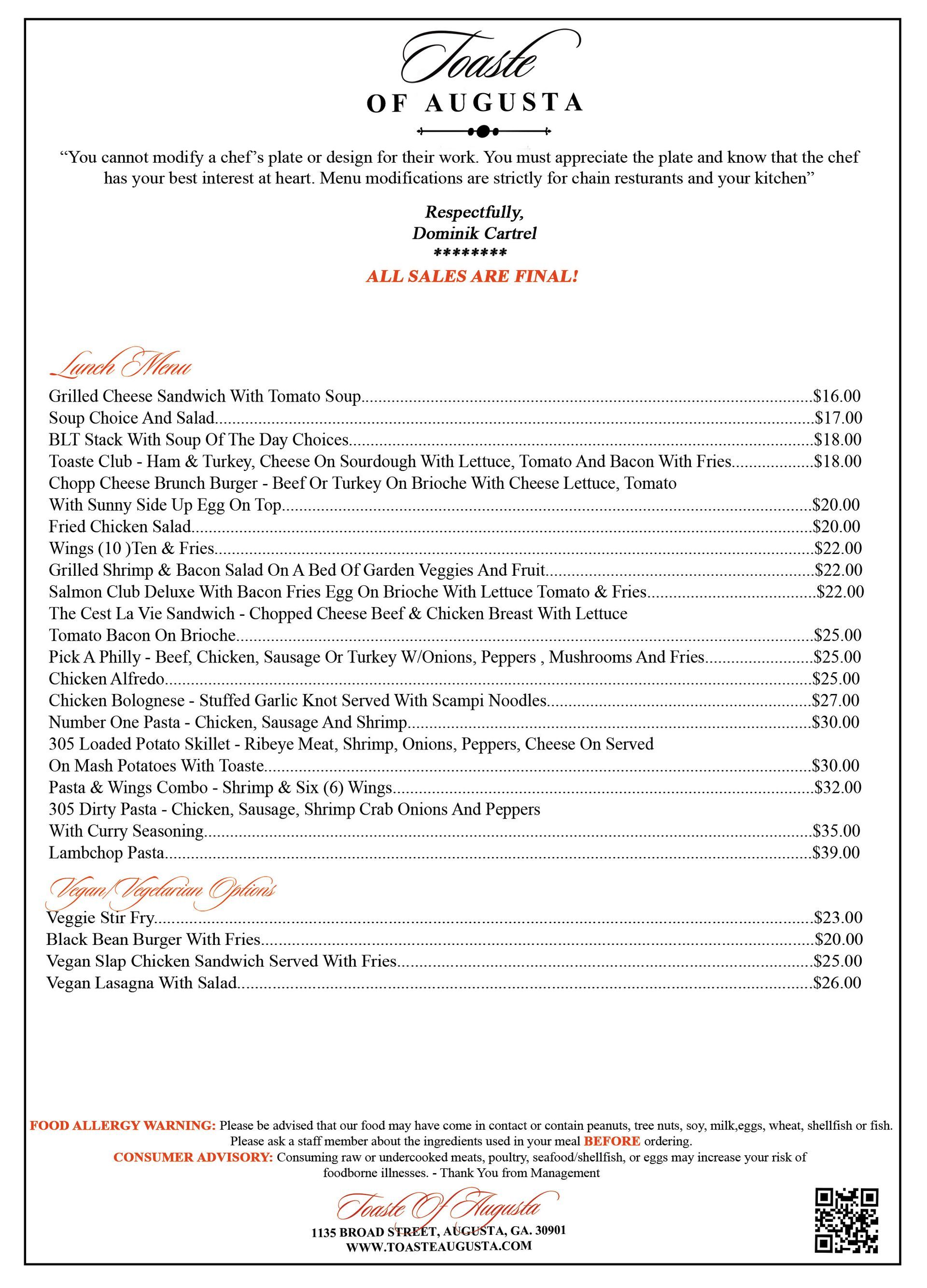 Menu for a restaurant called Taste of Augusta, with a list of lunch and side dishes with prices.