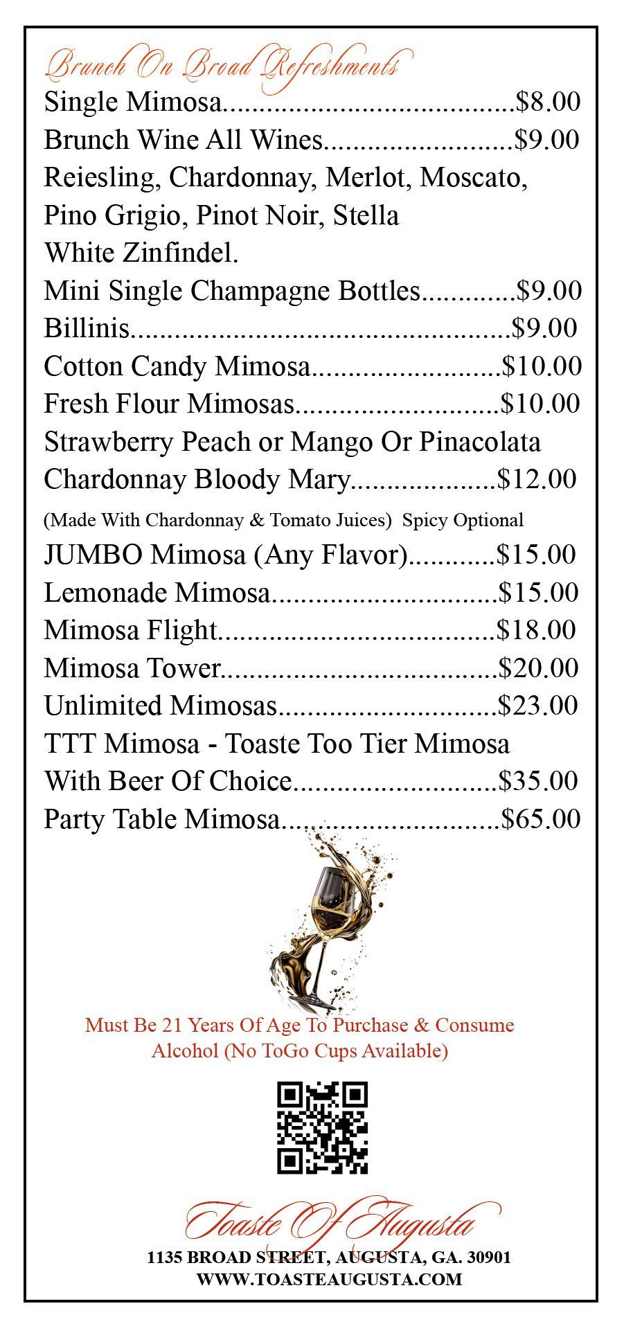 Drink menu with prices, including mimosas, wine, and other cocktails. It has the brand logo at the bottom.