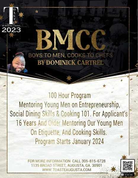Flyer for BMCC program (Boys to Men, Cooks to Chefs) by Dominick Cartrel in Augusta, GA, starting January 2024. Mentoring young men on various skills.