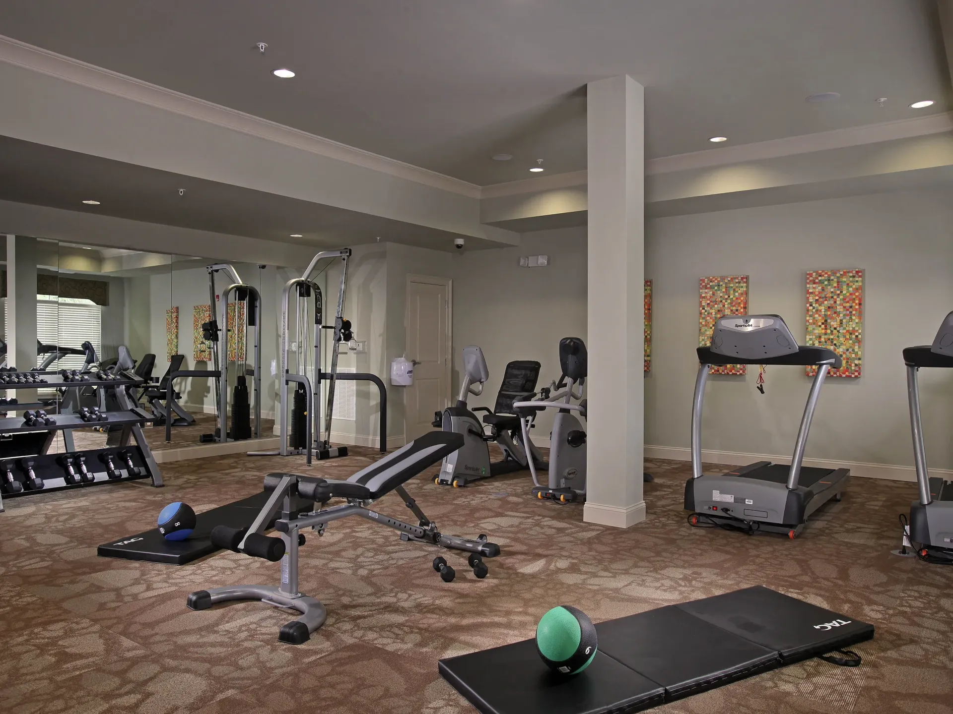 Indoor resident gym with treadmills, weight machines, and exercise mats.
