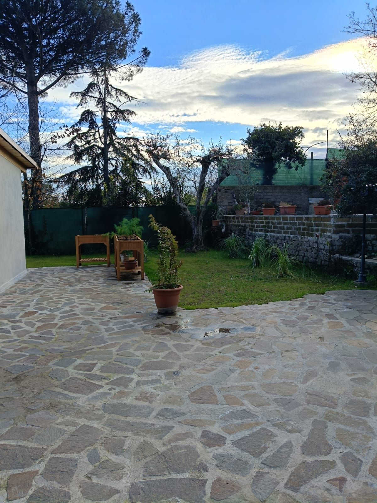 A stone patio with a few potted plants on it