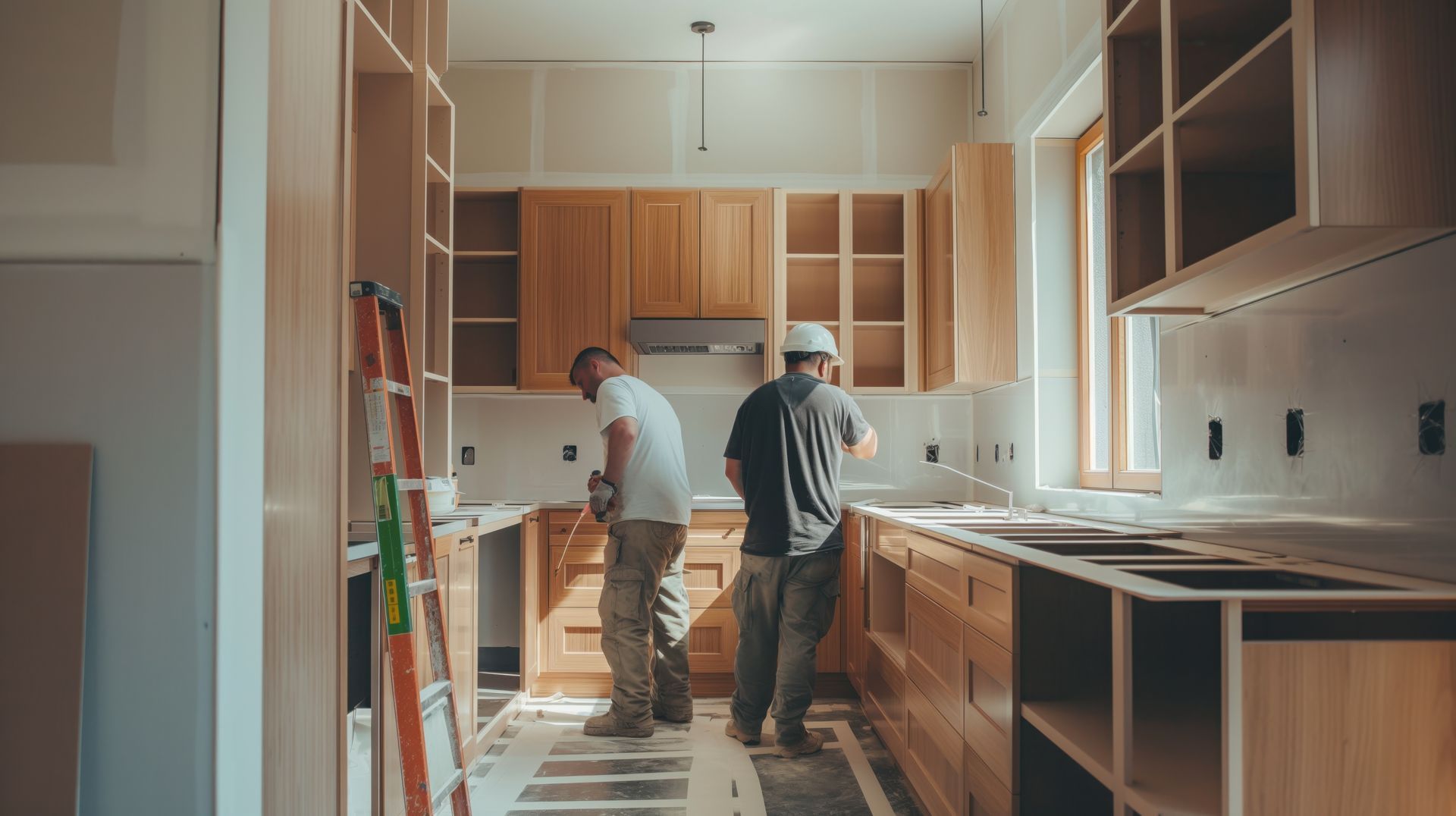 Two men are working on a kitchen under construction.
