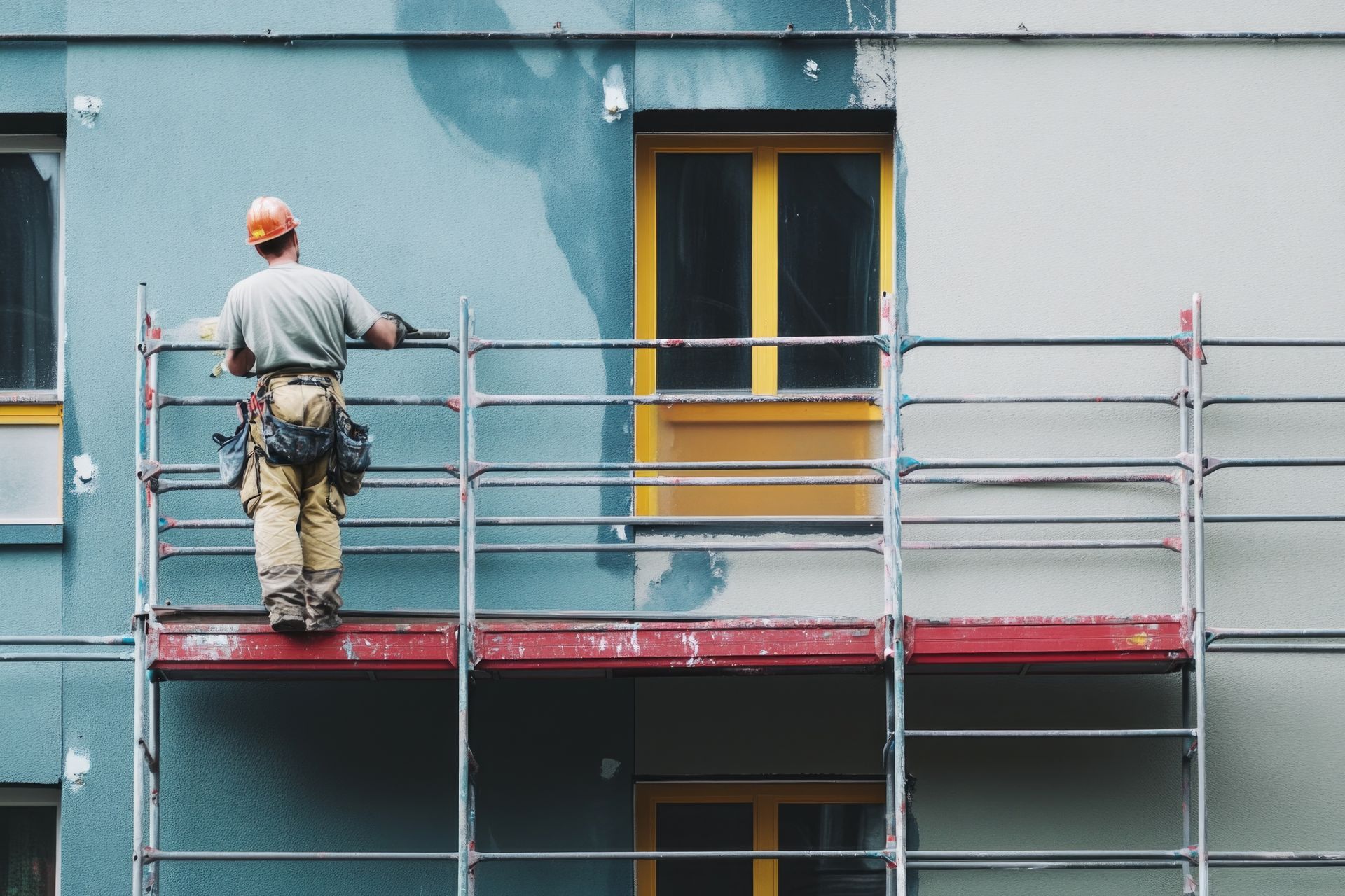 A man is standing on a scaffolding on the side of a building.