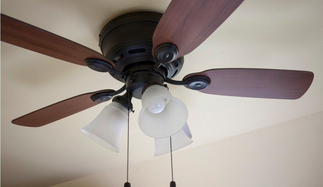 Ceiling fan with wooden blades and three frosted glass light fixtures.