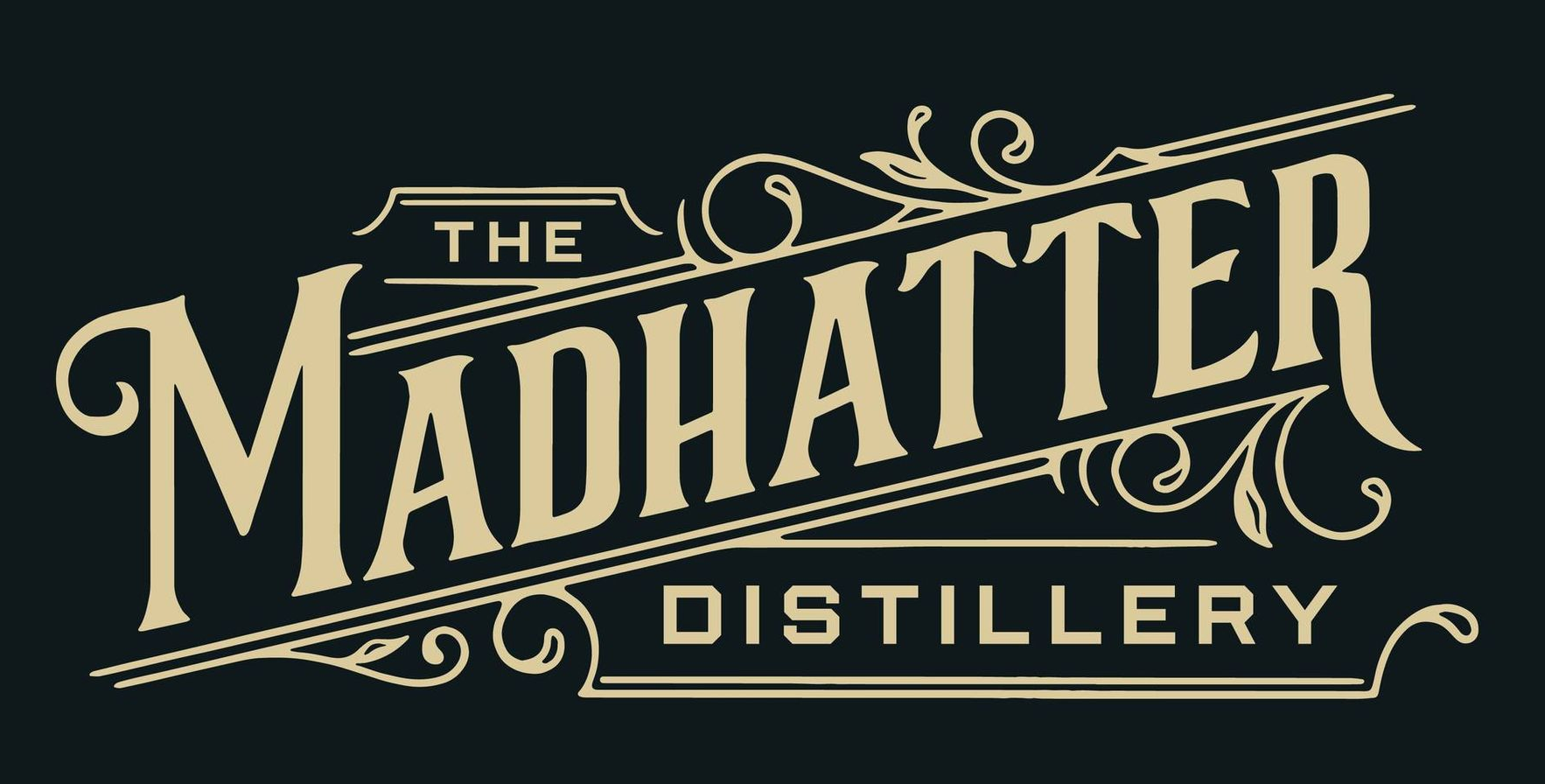 The Madhatter Distillery logo in gold vintage lettering on a black background