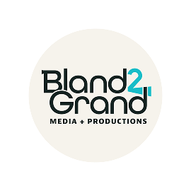 Bland2Grand Media + Productions logo in black and teal on a light beige circle