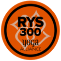Orange circular RYS 300 Yoga Alliance logo with black text and a starburst design