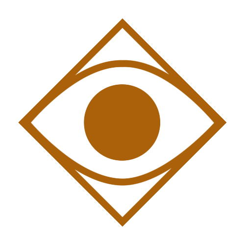 Brown eye-like icon inside a diamond outline on a white background