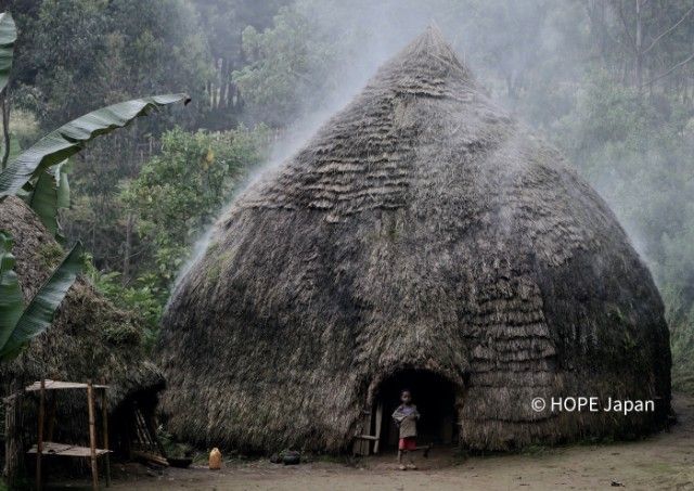 A man is standing in front of a thatched hut.