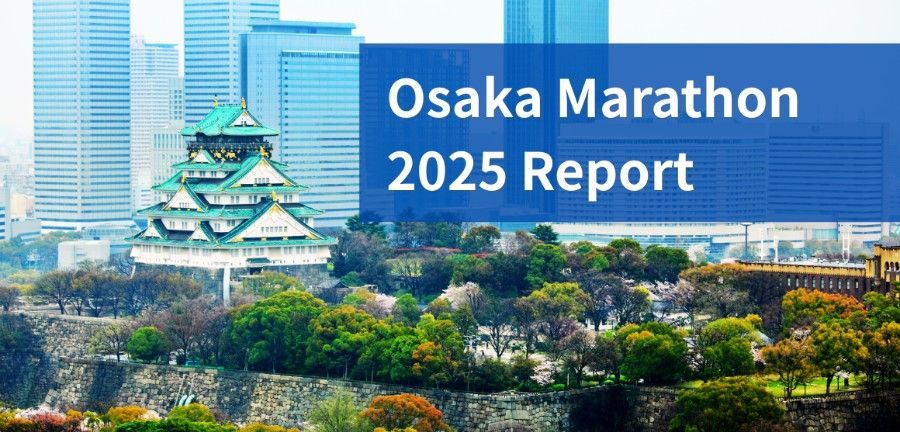 A poster for the Osaka Marathon 2025 report with a castle in the background.