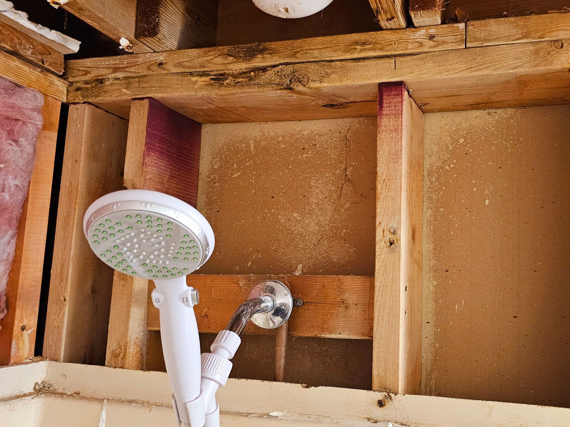 A shower head is attached to a wooden wall.