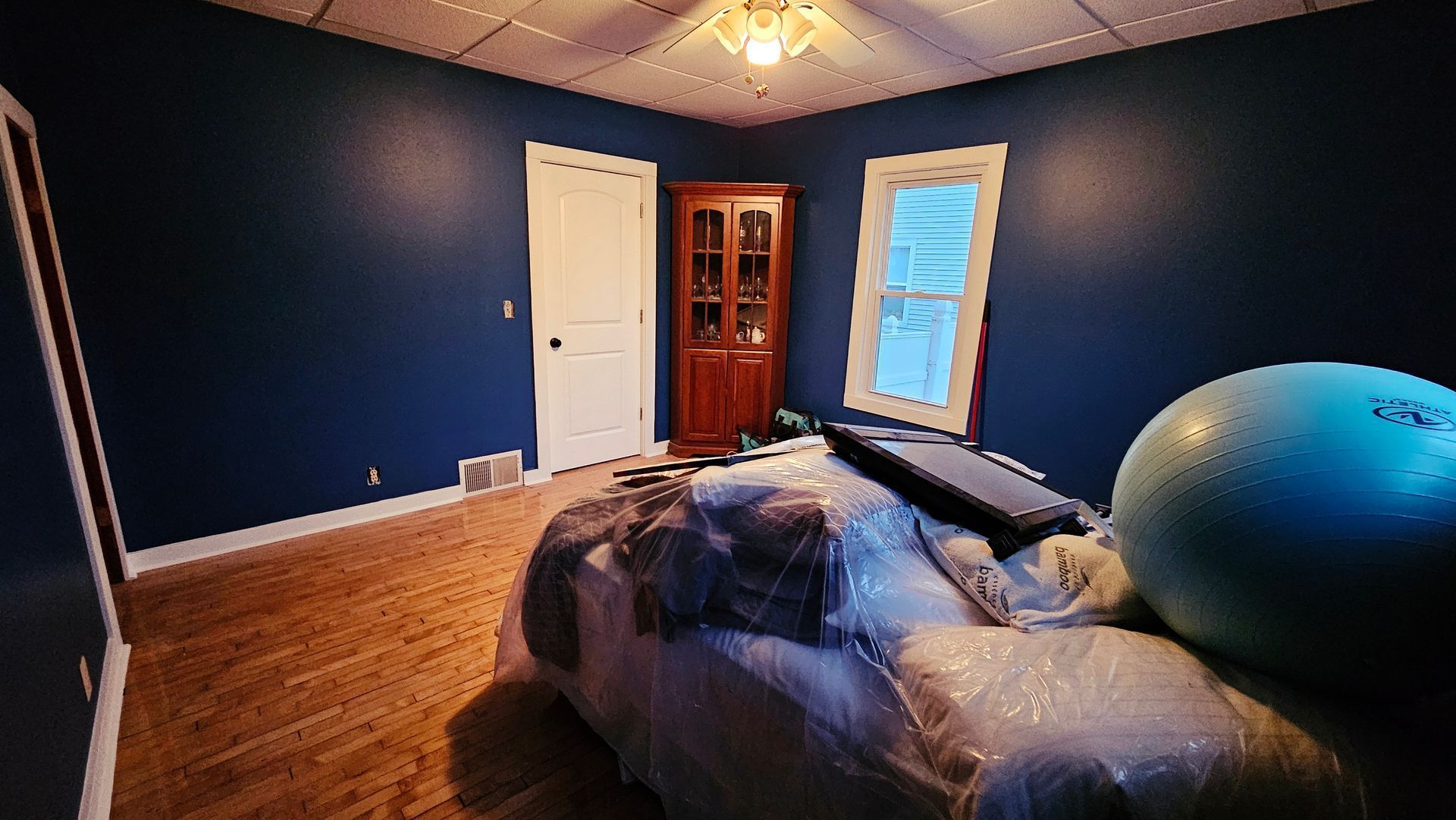 A room with blue walls and a blue ball on the floor
