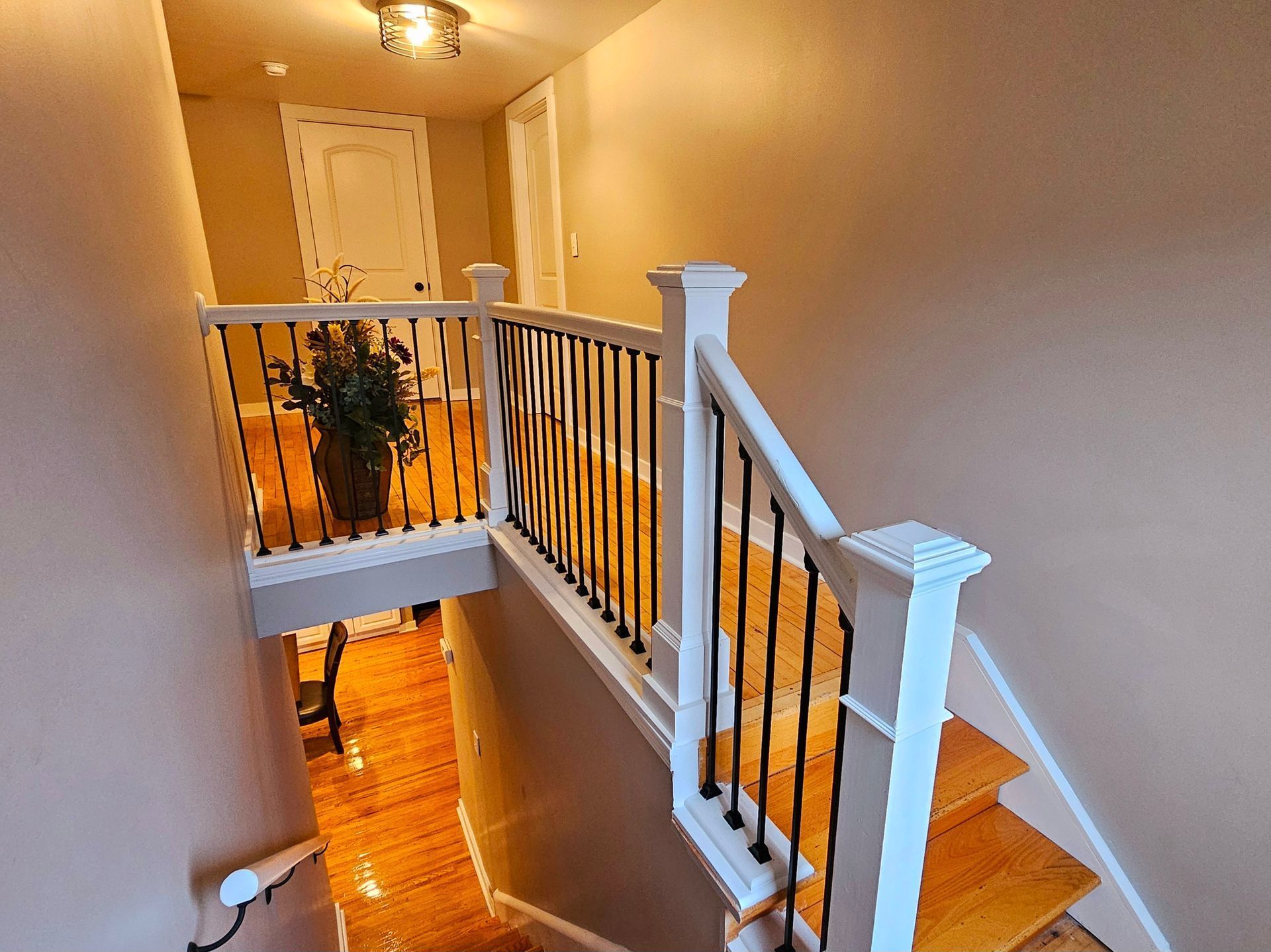 A staircase with a white railing and a potted plant on the railing