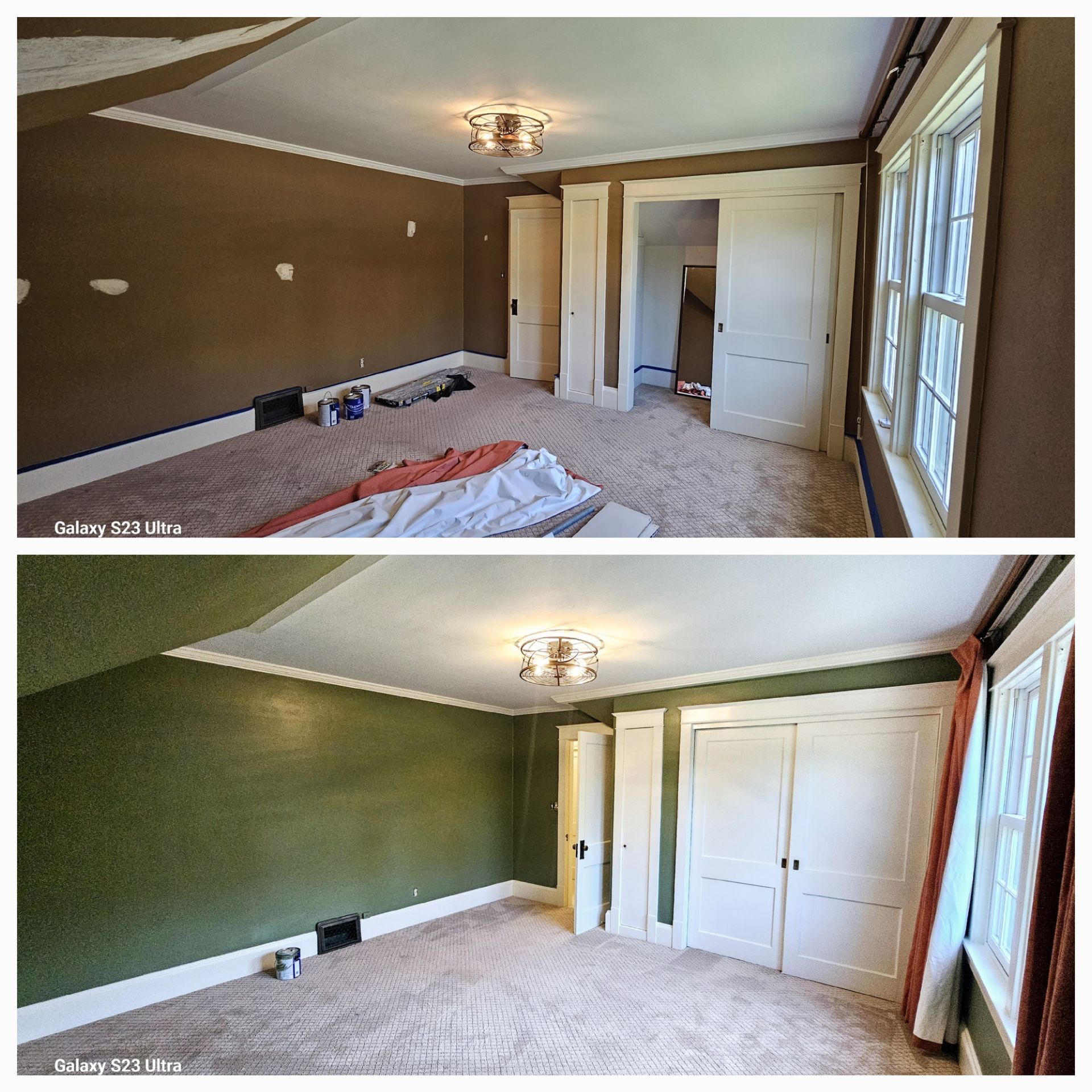 Two pictures of a bedroom before and after being painted
