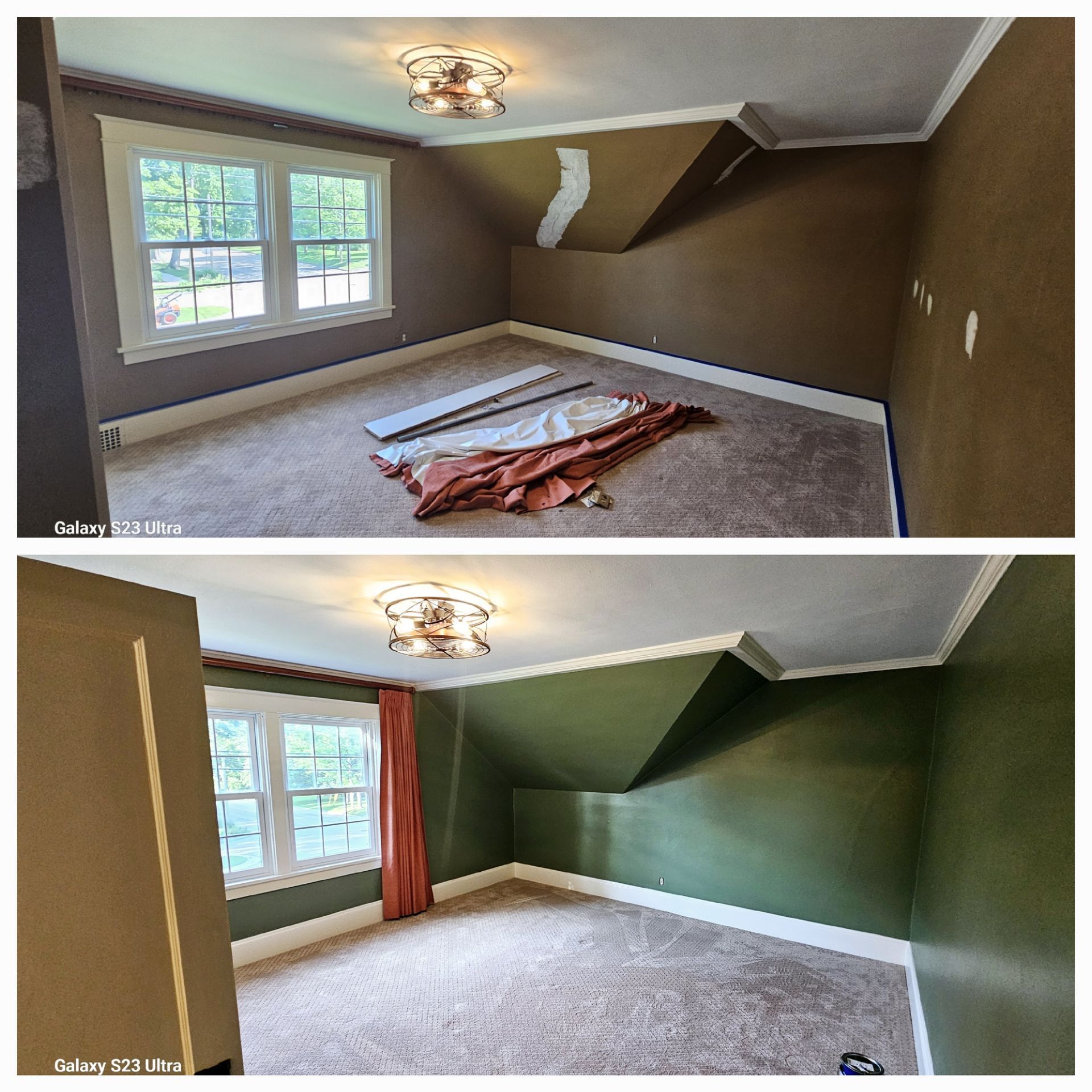 A before and after photo of a bedroom with green walls
