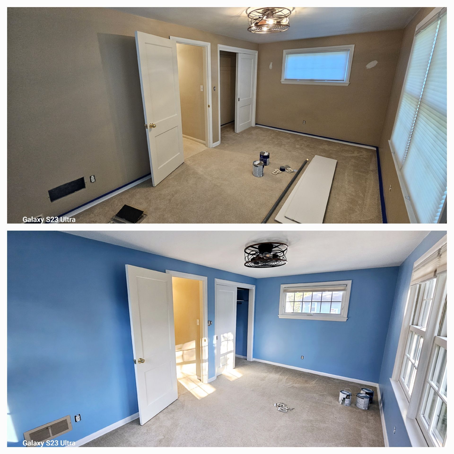 A before and after photo of a bedroom with blue walls