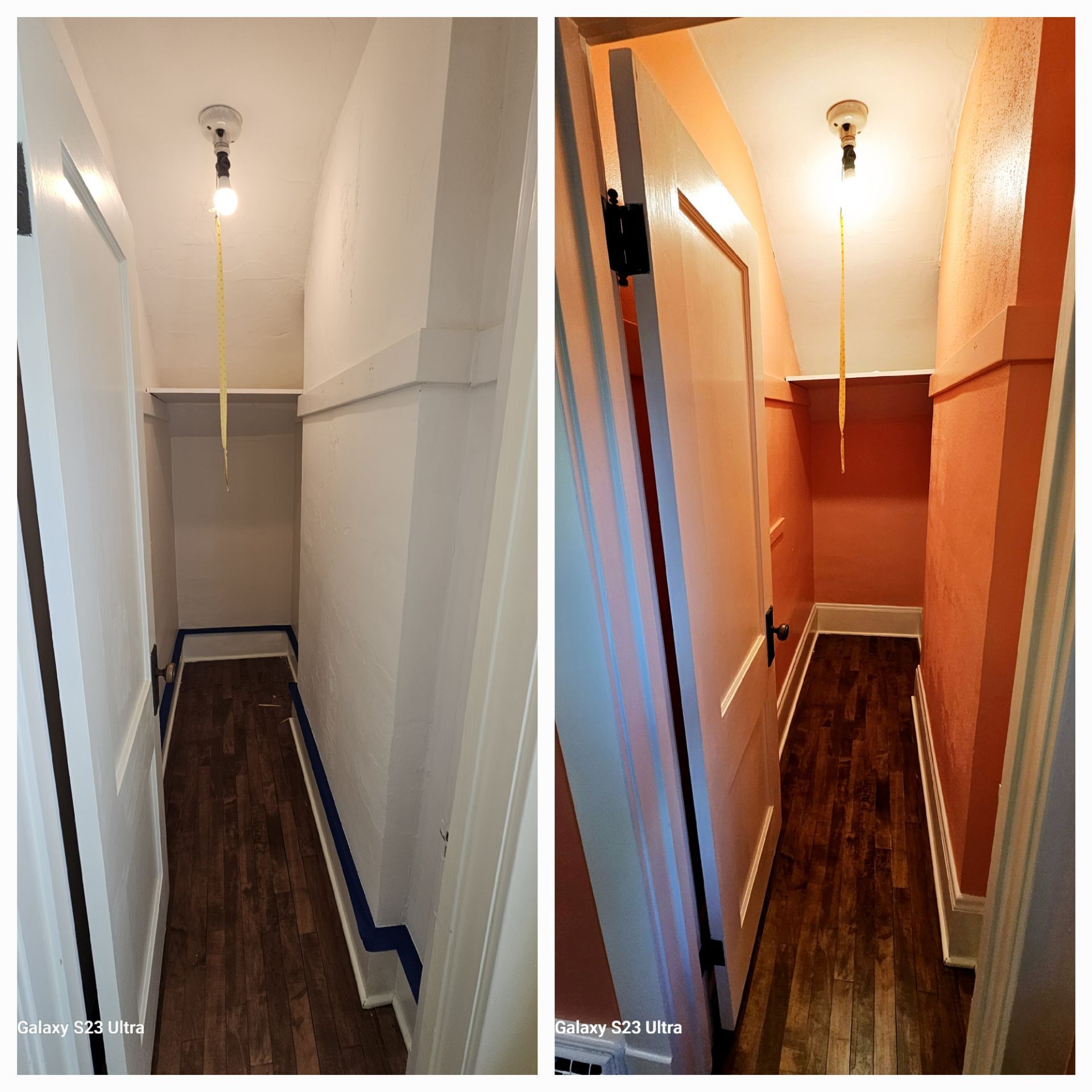 Two pictures of a hallway before and after being painted