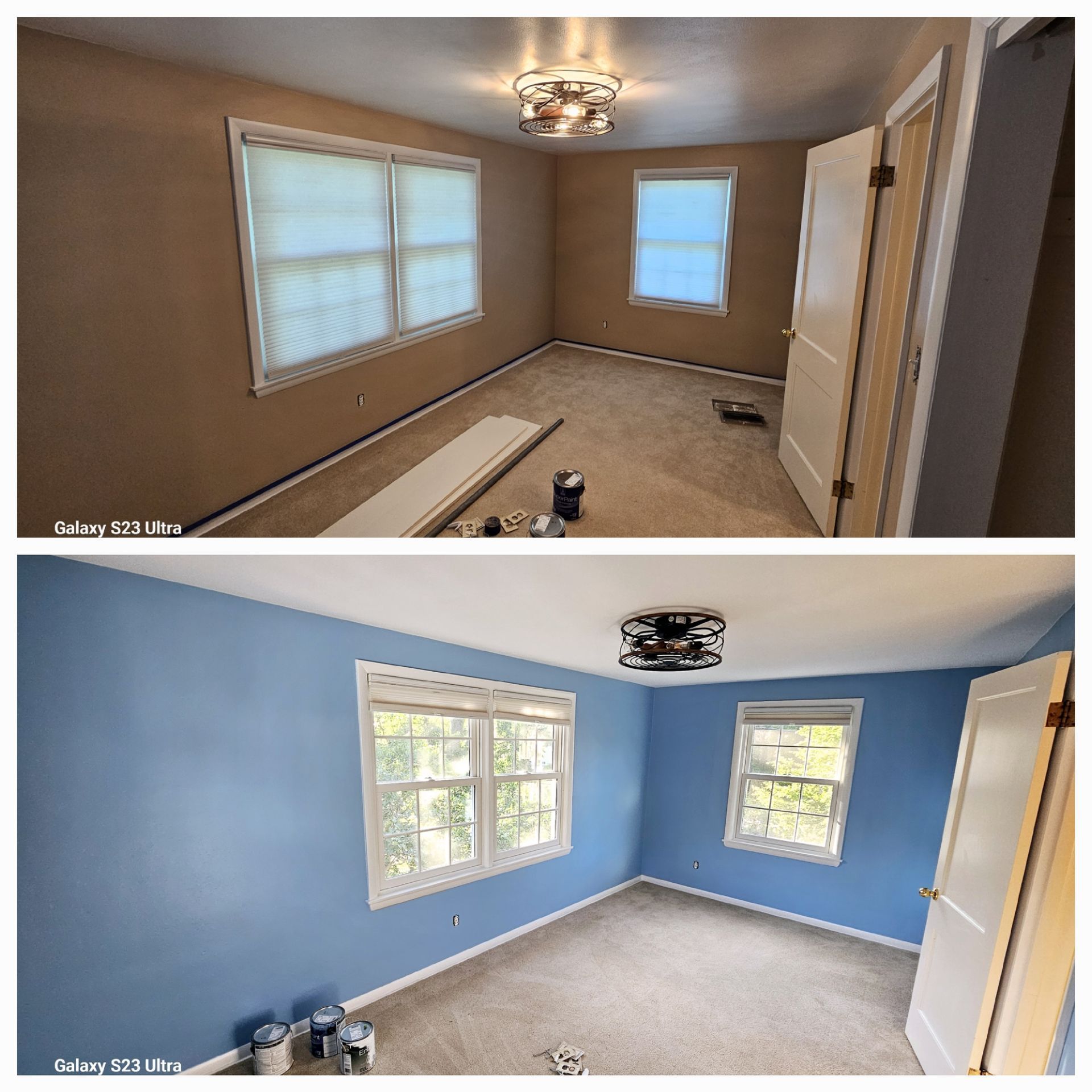 A before and after photo of a bedroom with blue walls