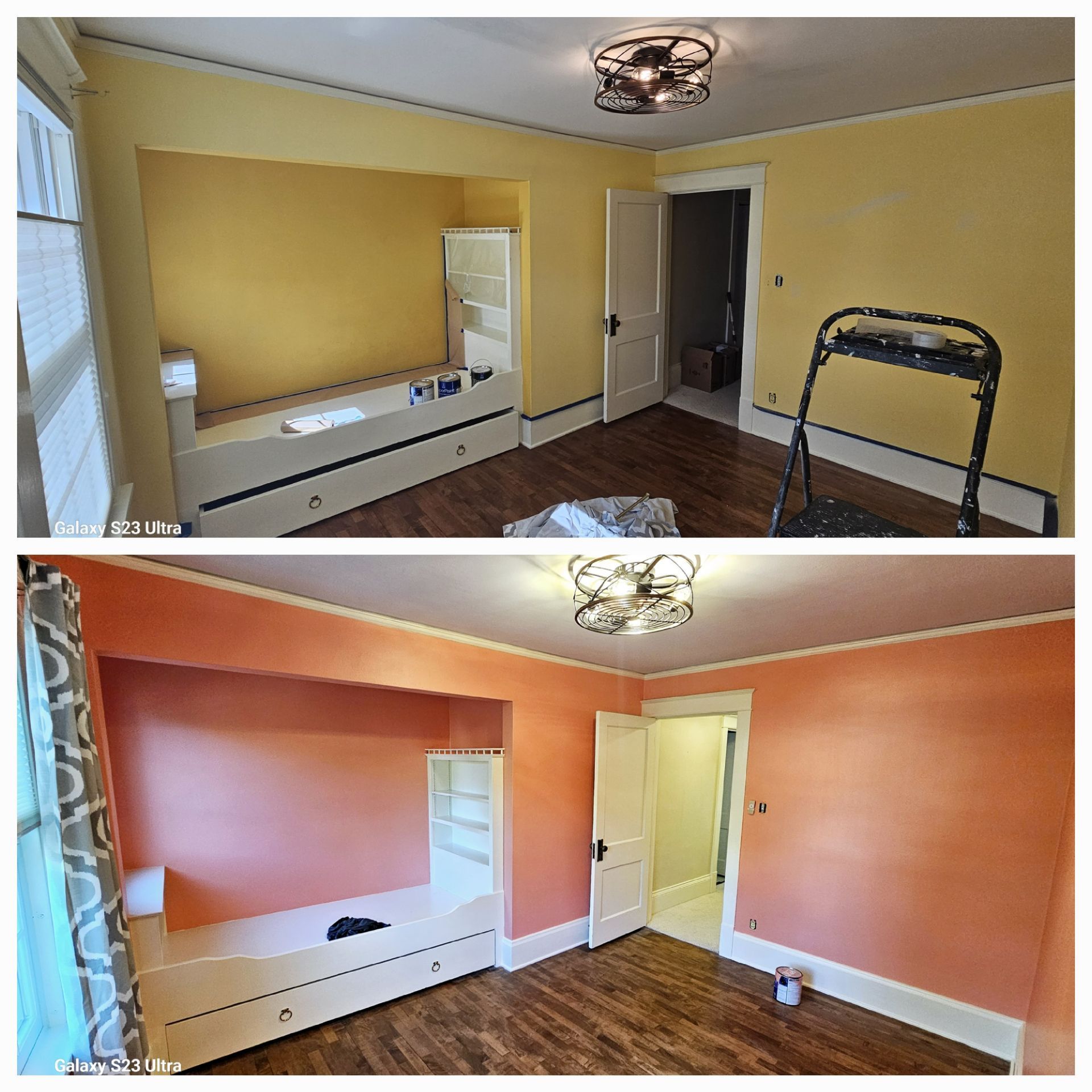 Two pictures of a room before and after being painted